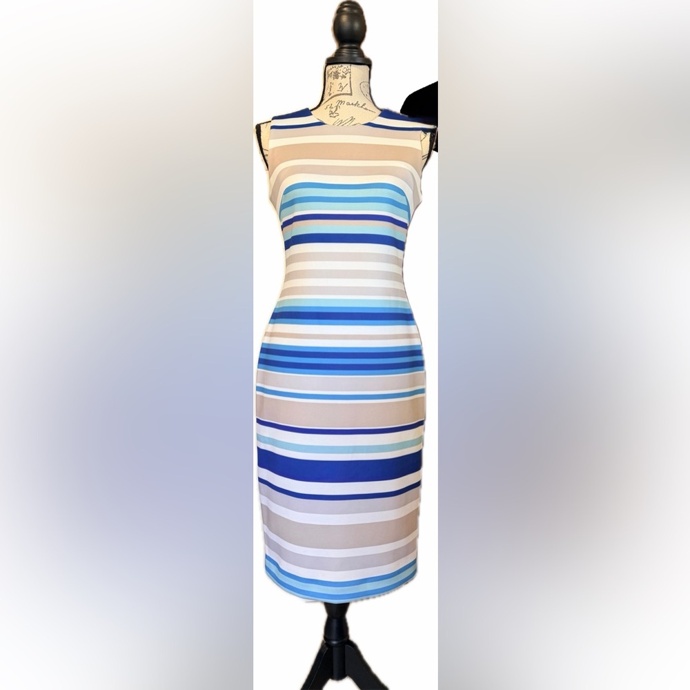 Calvin Klein Blue and Cream Striped Sleeveless Dress